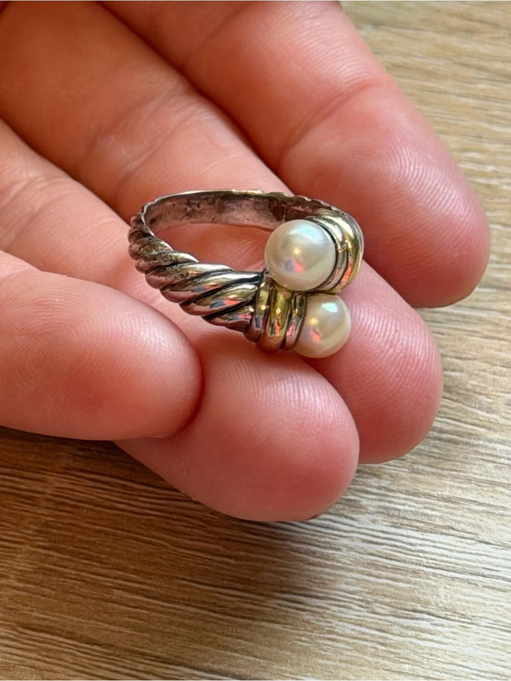 LN David Yurman Cable Classic Bypass Ring, 18k Gold, Sterling Silver, Pearls 6.5